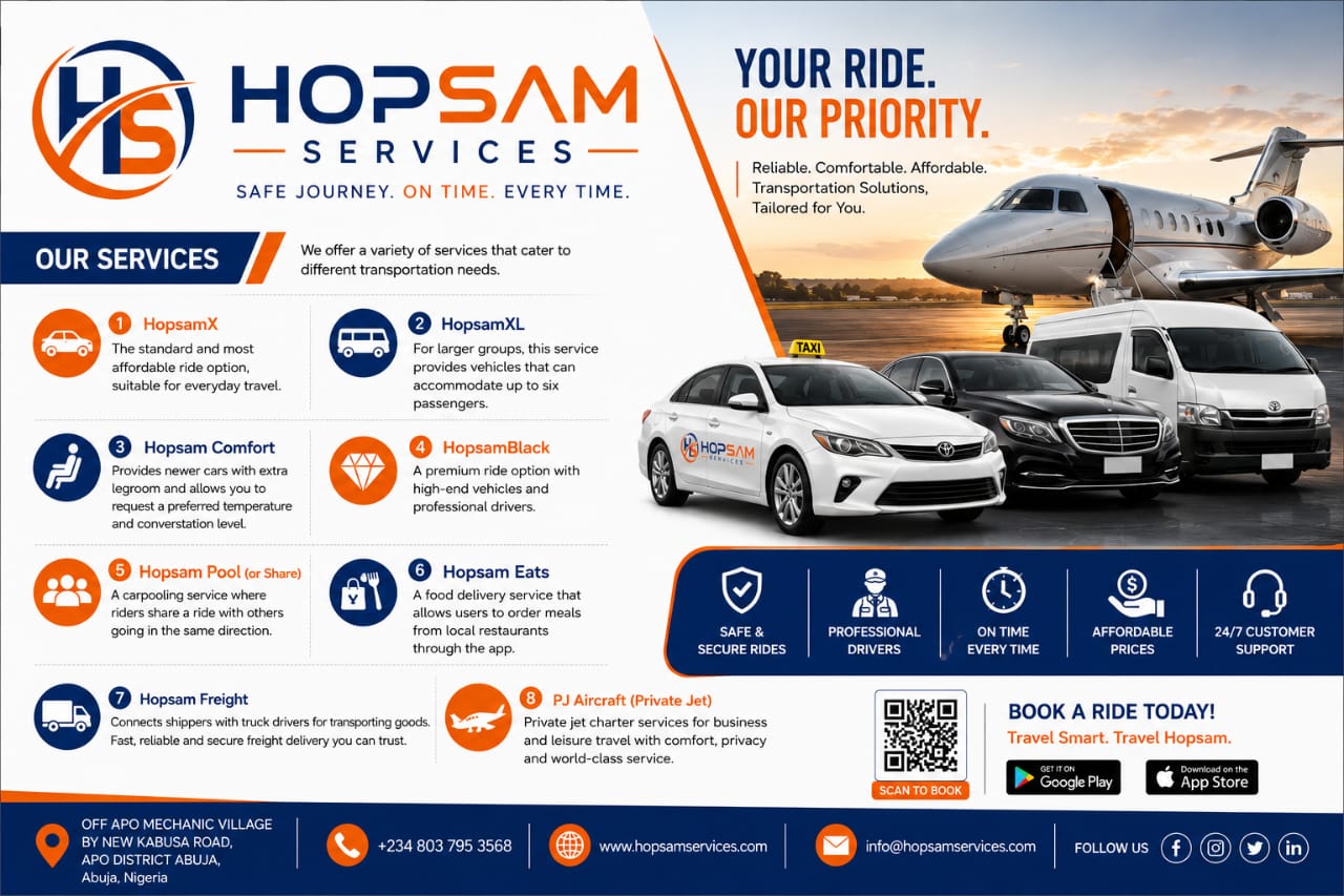 Hopsam Services flyer listing HopsamX, HopsamXL, Comfort, Black, Pool, Eats, Freight and PJ Aircraft with Abuja contact details