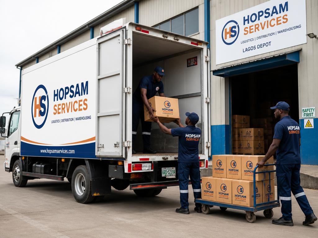 Hopsam Services branded delivery truck being loaded with cartons at a Lagos warehouse bay