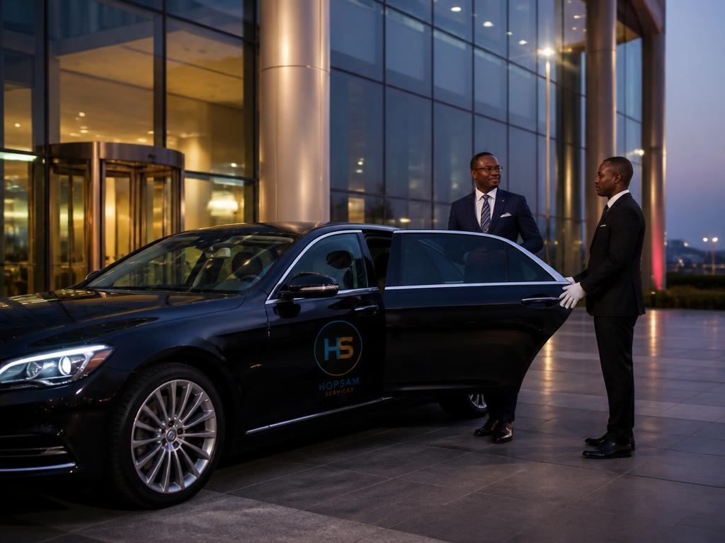 Chauffeur opening the door of a black HopsamBlack executive sedan with HS logo for a Nigerian executive
