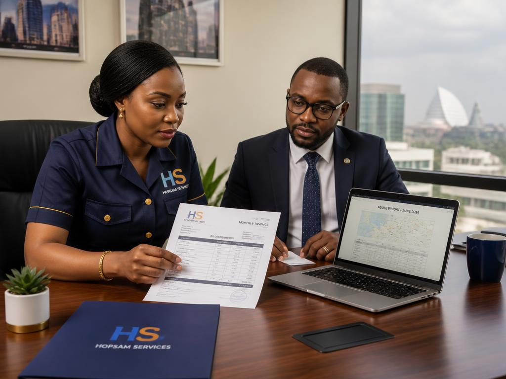 Hopsam account manager reviewing a monthly invoice and route report with a corporate client in Abuja