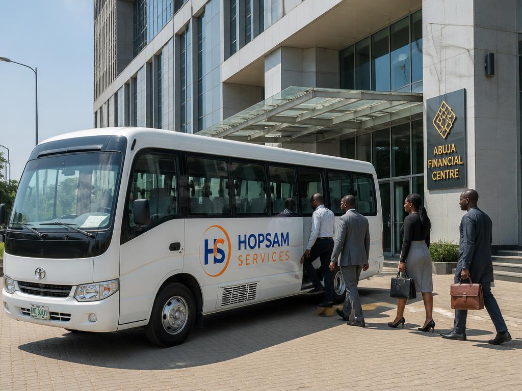 Hopsam Services branded staff shuttle bus picking up office workers outside an Abuja office building
